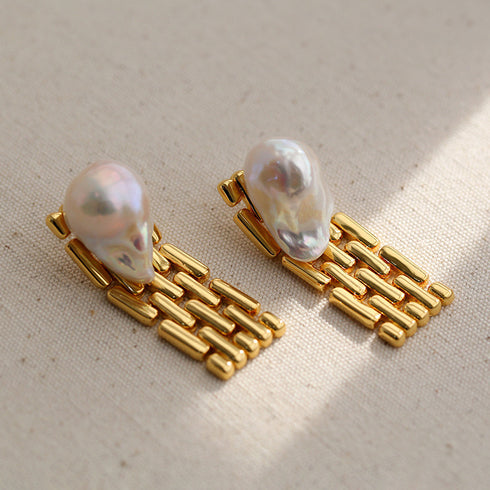 Bold Baroque Pearls Gold Chain Earrings